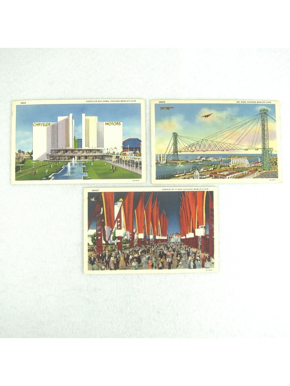 1933 Chicago Worlds Fair 3 Linen Postcards Chrysler Building Sky Ride Ave Flags